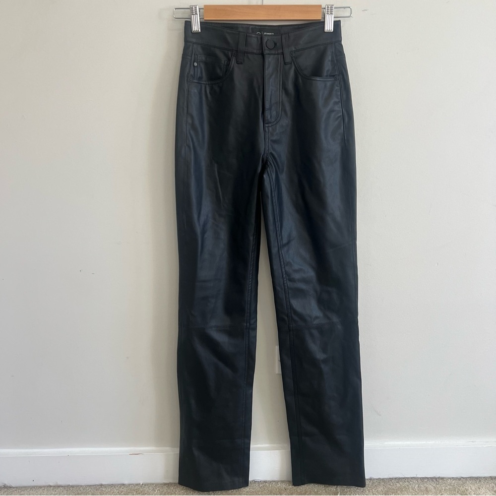 AG Adriano Goldschmied Black Leather Pants High Waisted Straight Leg Biker